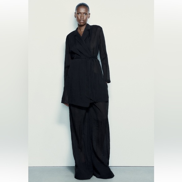 Zara Black Semi-sheer Minimalist Belted Blouse Relaxed long sleeves belt NWT - Picture 8 of 16